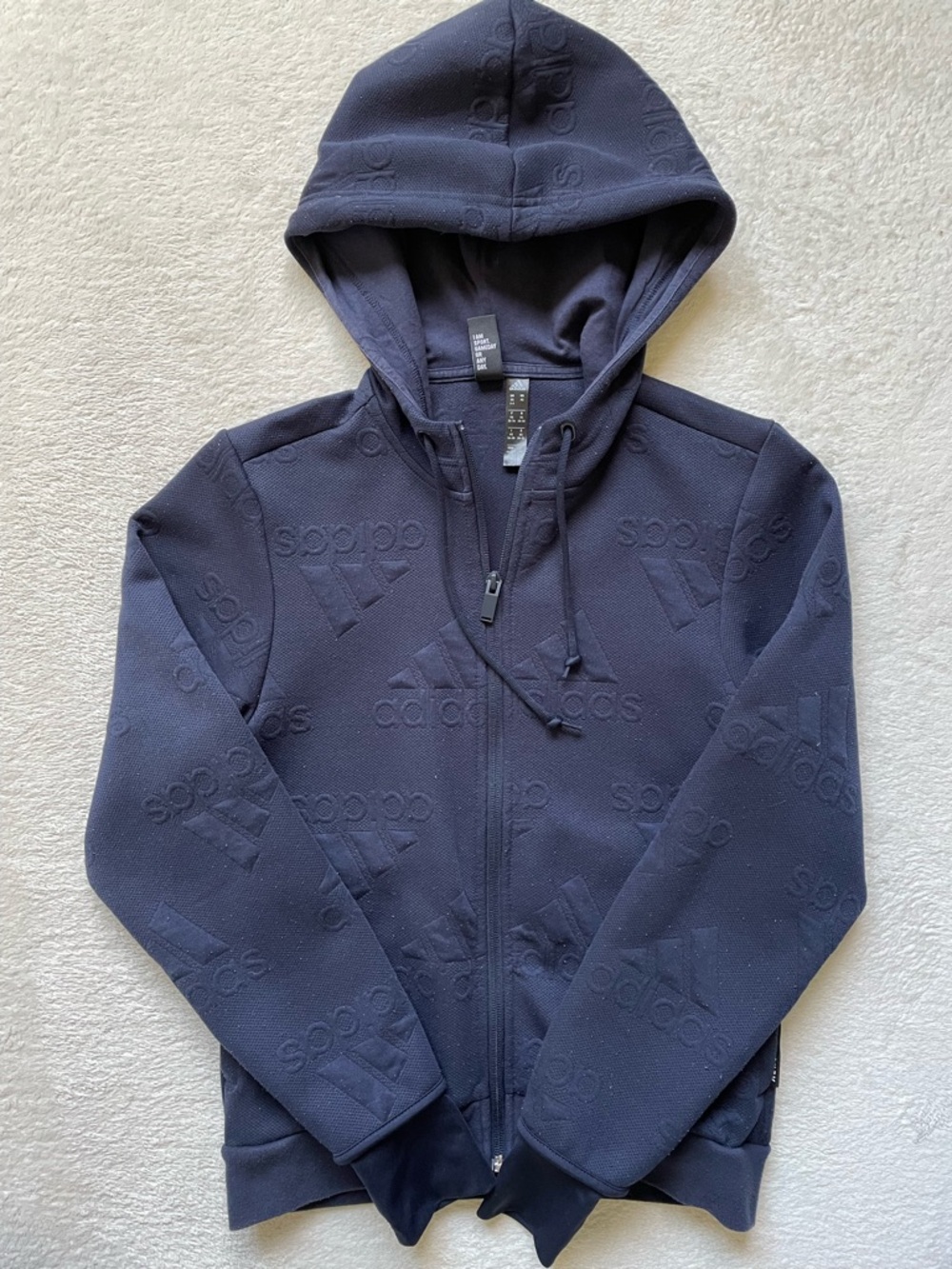 Adidas Aeroready Full-zip Hoodie, Navy Blue Embossed Logo Pattern Size XS